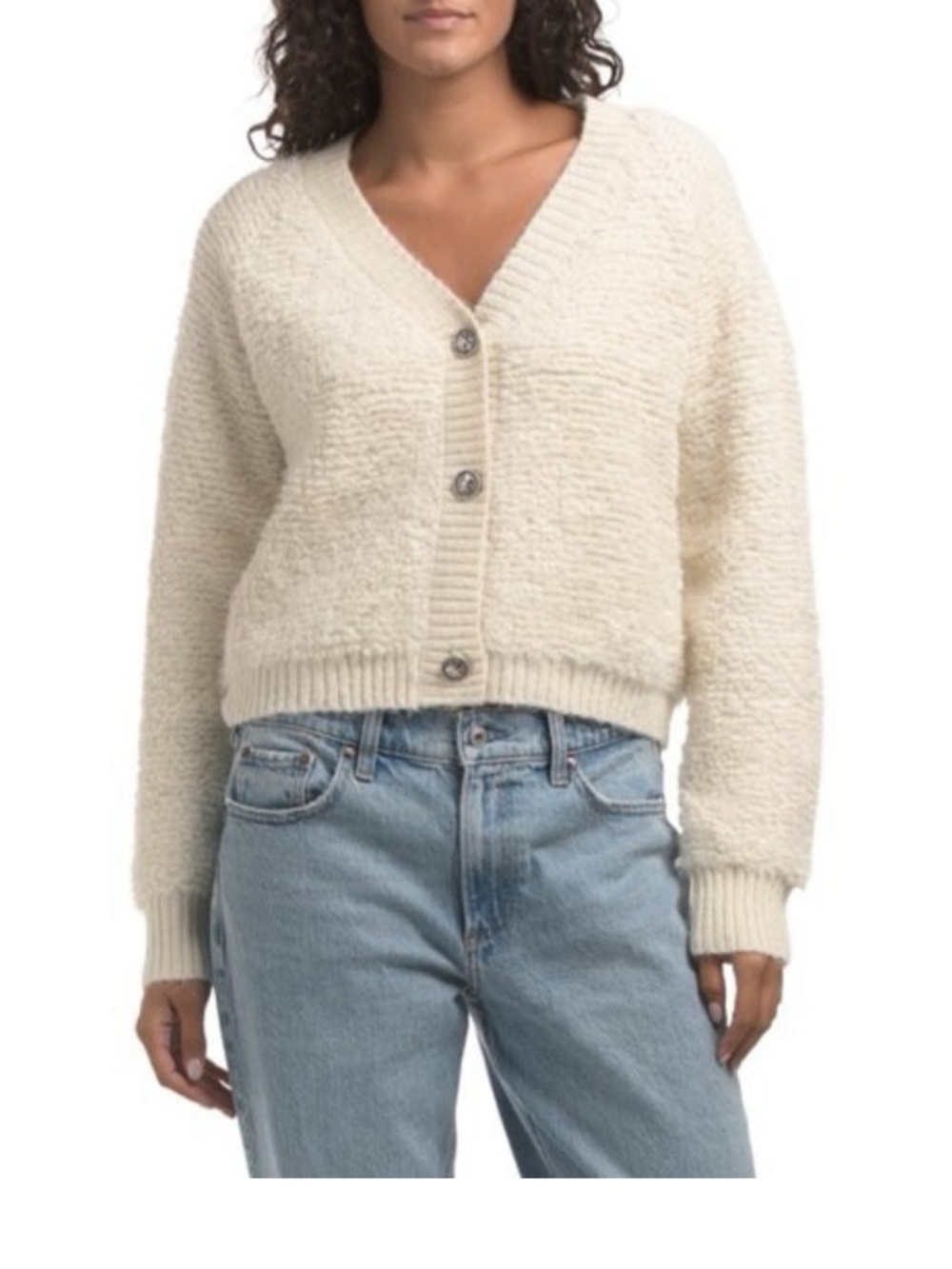 Lucky Brand Boucle Cardigan Cream Raglan Sleeve Cozy Knit Womens xs